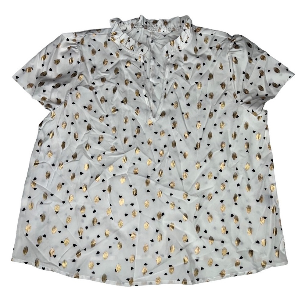 Shein Heart Print V Neck Short Sleeve Top White Size 8/10 NWOT